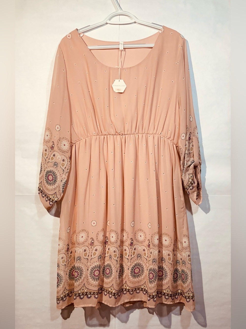 NWT PinkBlush 1X Peach Midi Dress with Boho Floral Border